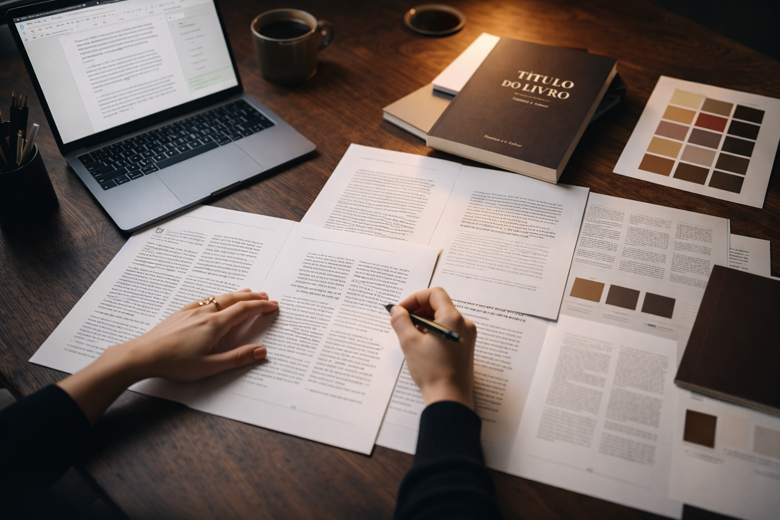 Ambiente editorial profissional com revisão de texto, livros e direção criativa